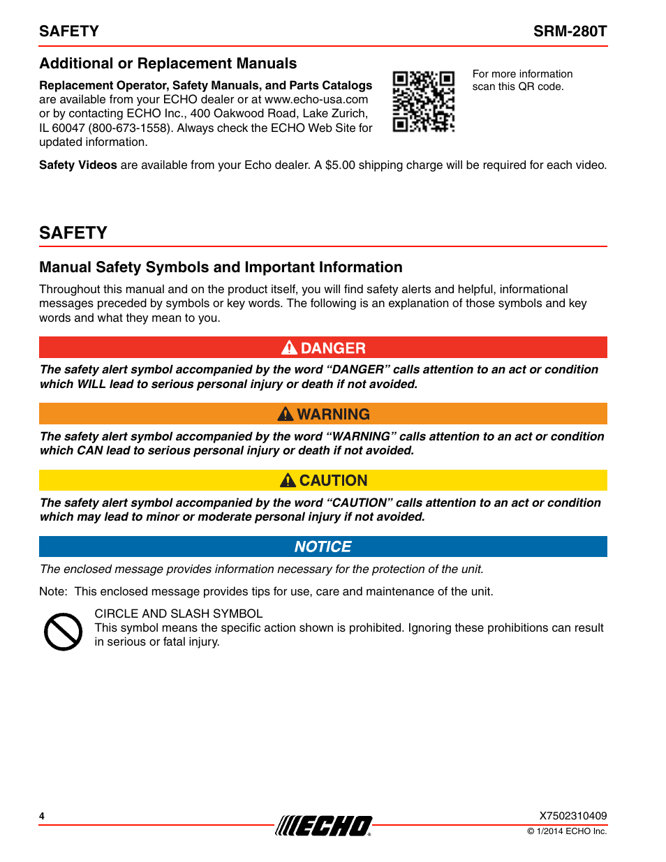 Additional or replacement manuals, Safety, Manual safety symbols and important information | Echo SRM-280T Serial S74212040475 - S74212999999 User Manual | Page 4 / 36