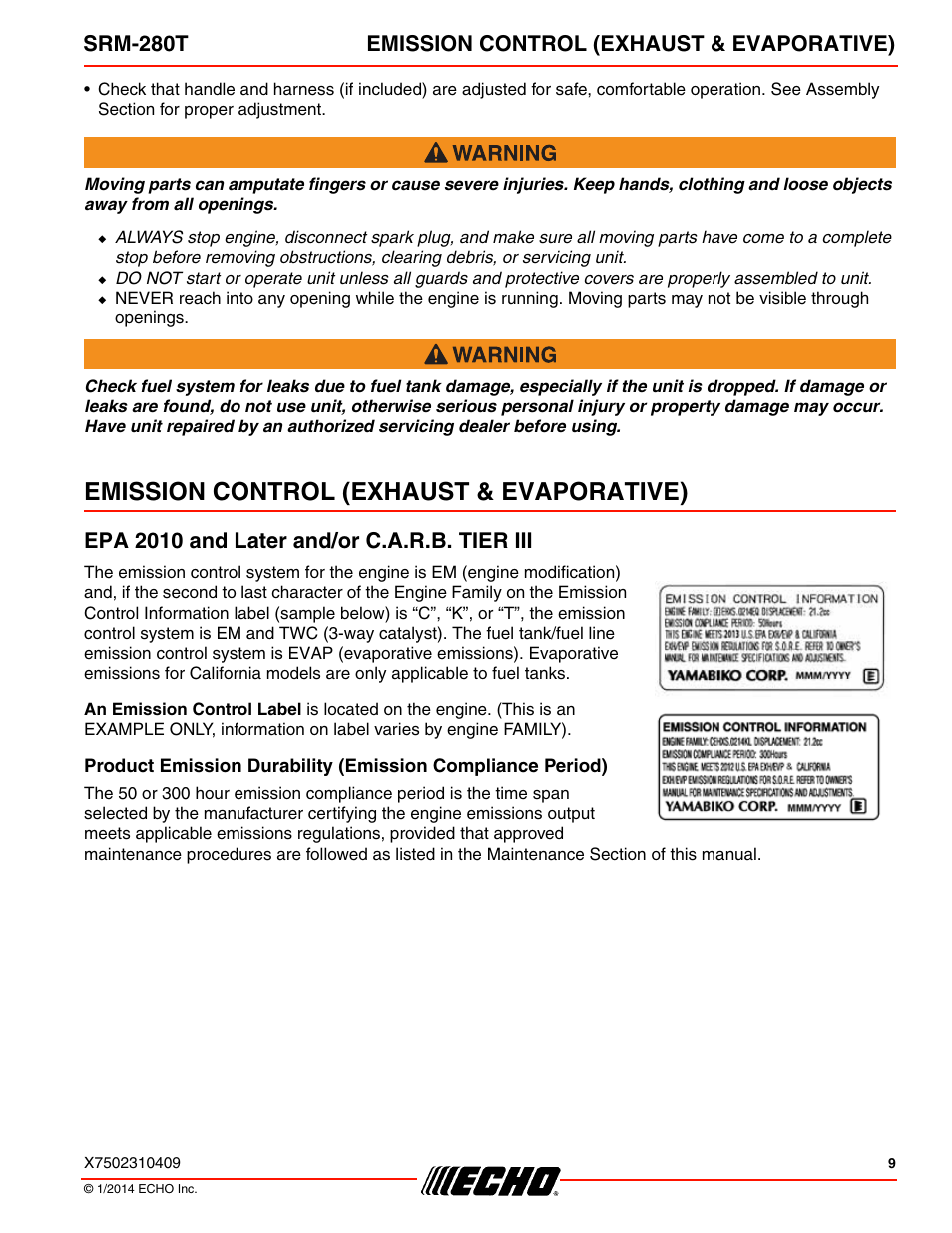 Emission control (exhaust & evaporative), Epa 2010 and later and/or c.a.r.b. tier iii, Srm-280t emission control (exhaust & evaporative) | Echo SRM-280T Serial S74212040475 - S74212999999 User Manual | Page 9 / 36