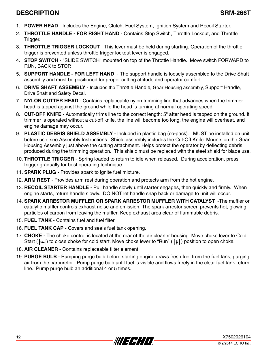 Description srm-266t | Echo SRM-266T User Manual | Page 12 / 40