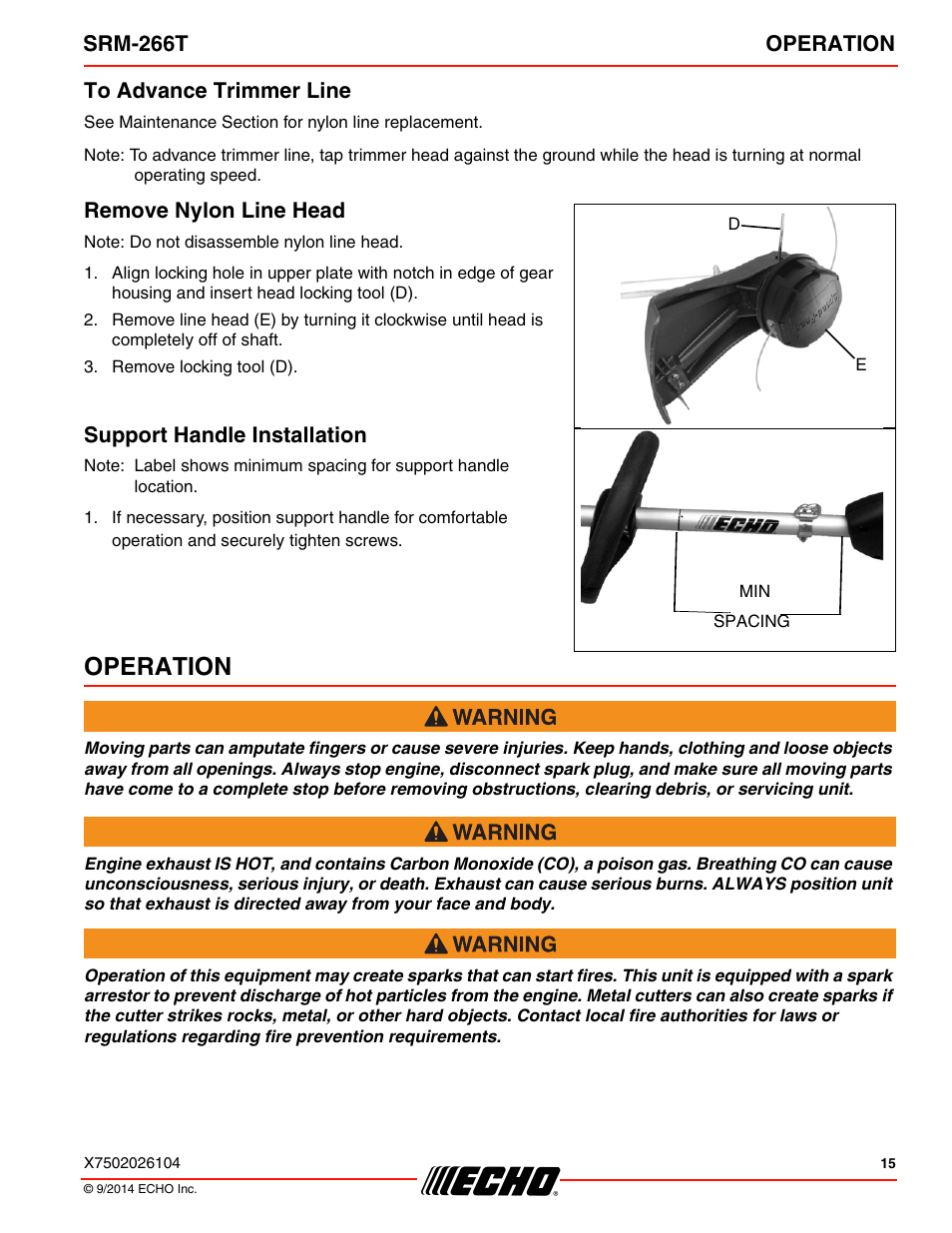 To advance trimmer line, Remove nylon line head, Support handle installation | Operation | Echo SRM-266T User Manual | Page 15 / 40