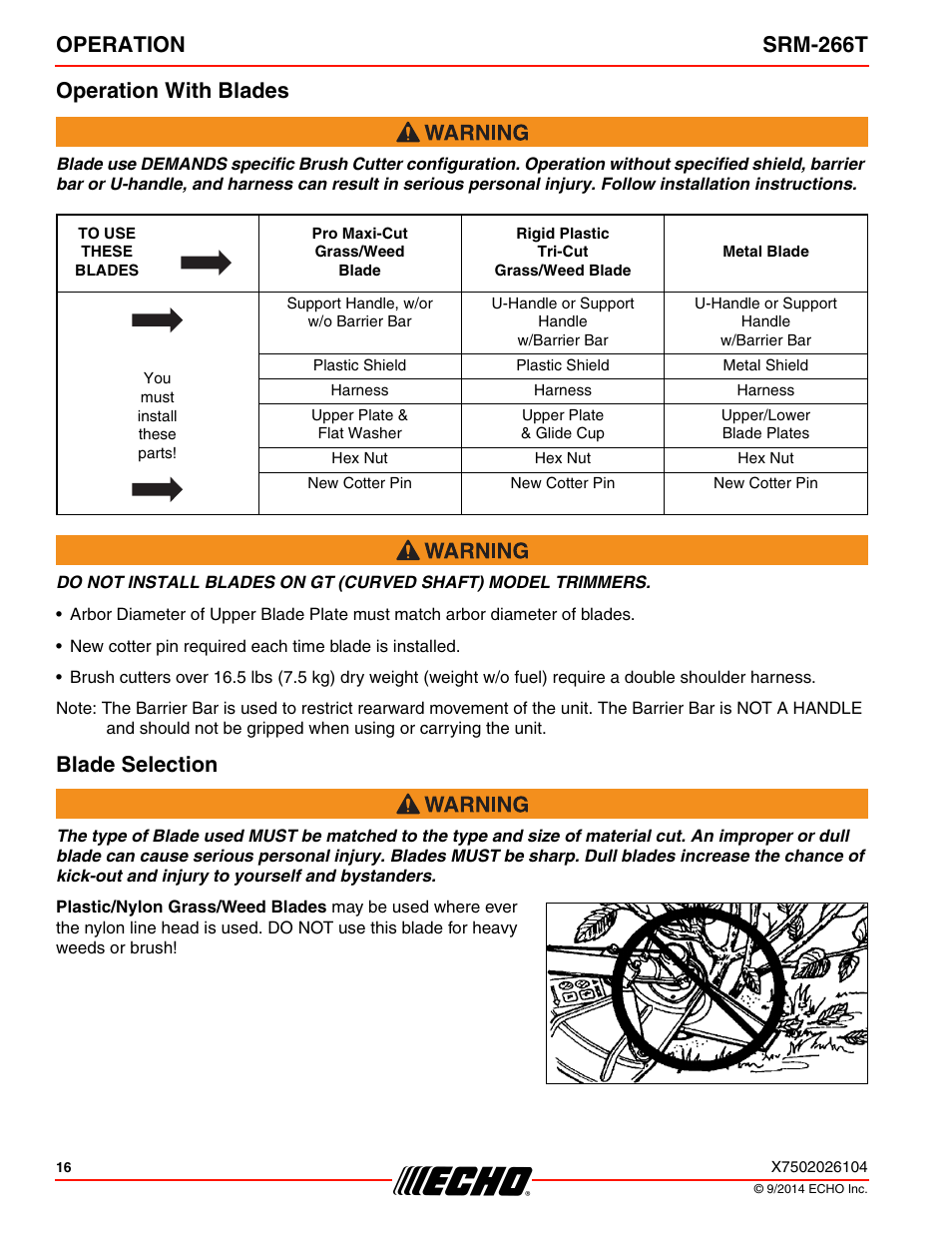 Operation with blades, Blade selection, Operation with blades blade selection | Operation srm-266t operation with blades | Echo SRM-266T User Manual | Page 16 / 40