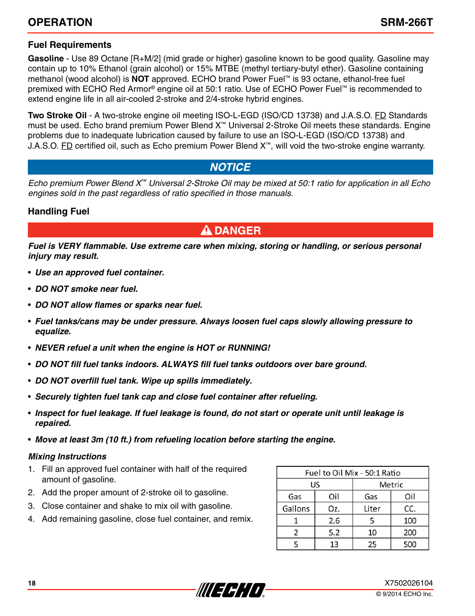 Fuel requirements, Handling fuel, Operation srm-266t | Echo SRM-266T User Manual | Page 18 / 40