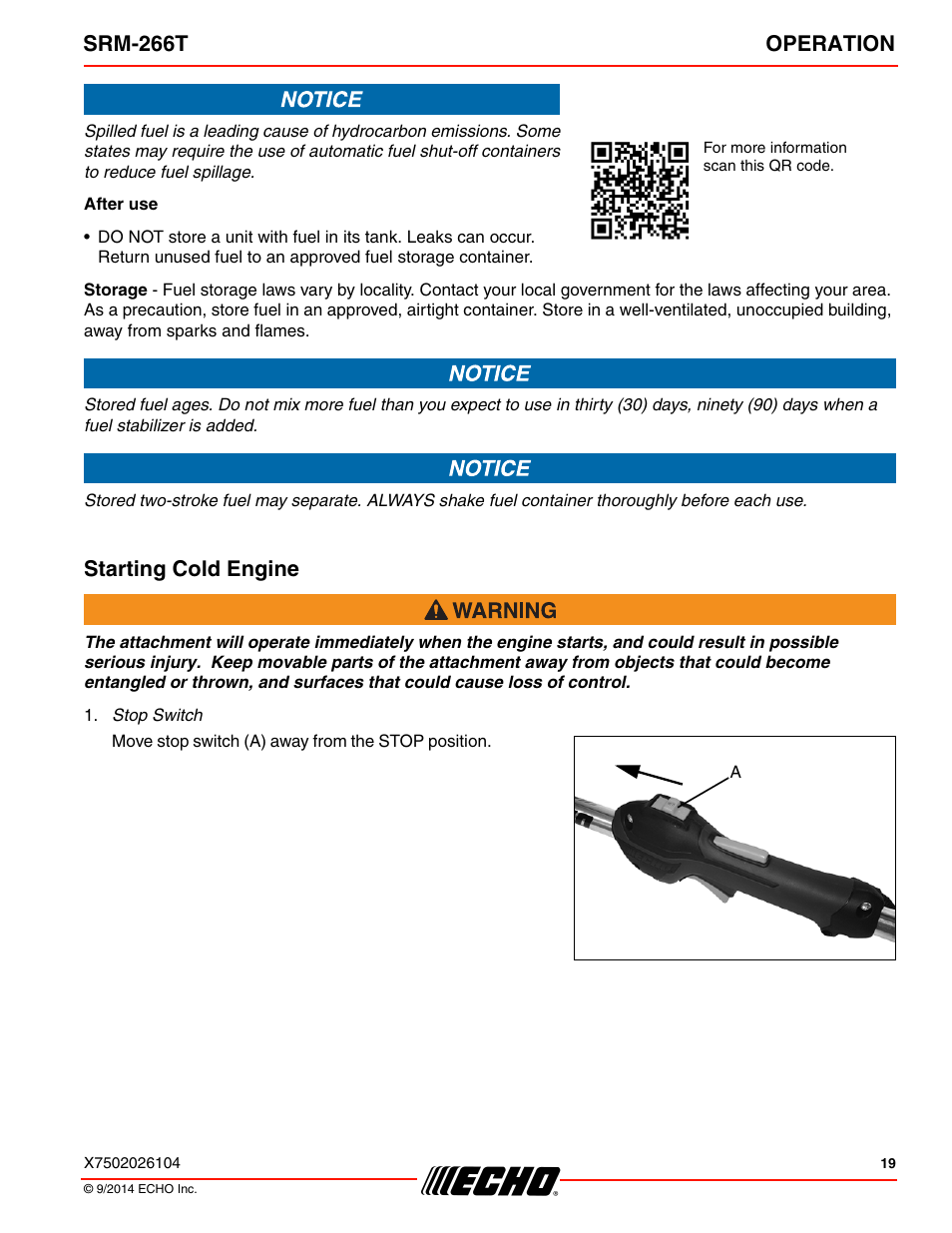 Starting cold engine, Srm-266t operation | Echo SRM-266T User Manual | Page 19 / 40