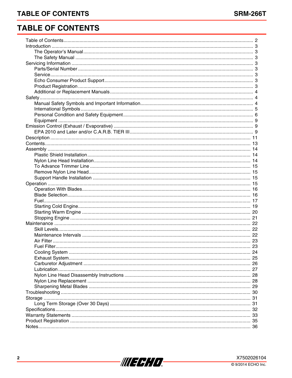 Echo SRM-266T User Manual | Page 2 / 40