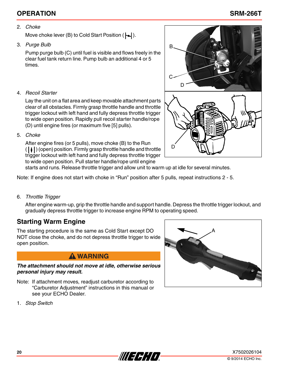 Starting warm engine, Operation srm-266t | Echo SRM-266T User Manual | Page 20 / 40