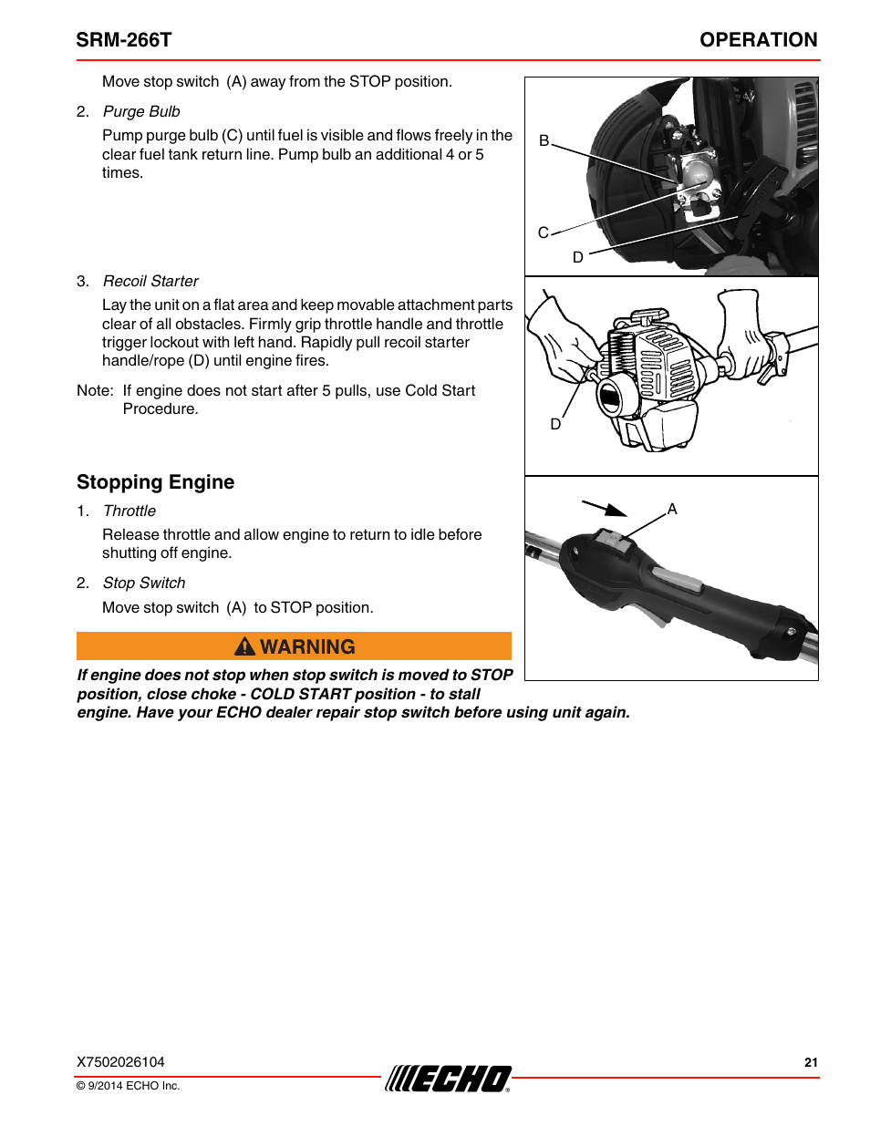 Stopping engine, Srm-266t operation | Echo SRM-266T User Manual | Page 21 / 40