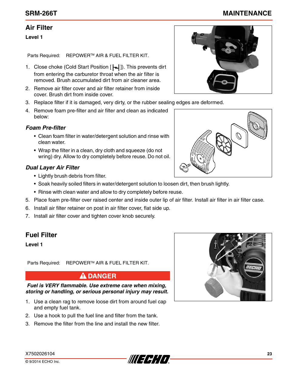 Air filter, Foam pre-filter, Dual layer air filter | Fuel filter, Air filter fuel filter, Srm-266t maintenance | Echo SRM-266T User Manual | Page 23 / 40