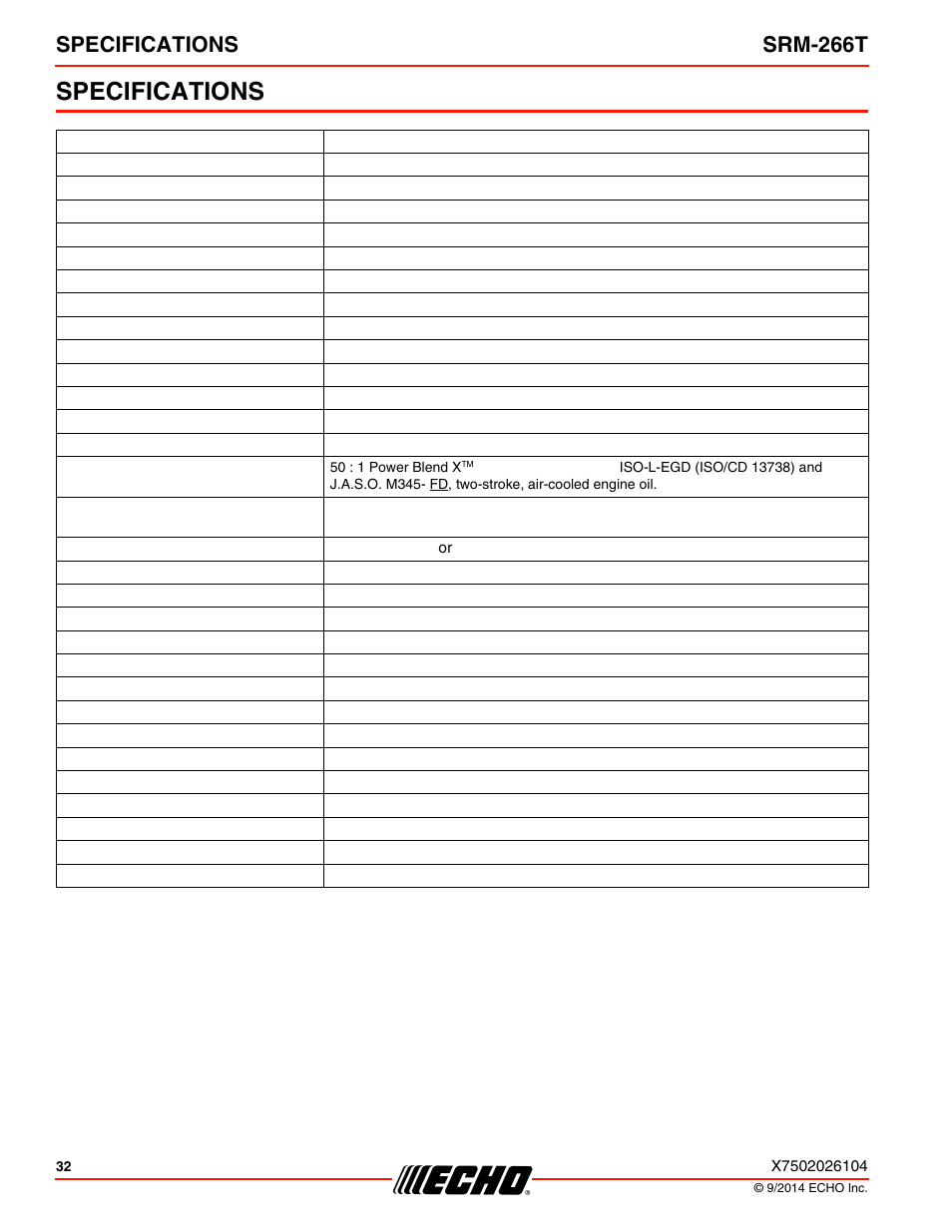 Specifications, Specifications srm-266t | Echo SRM-266T User Manual | Page 32 / 40