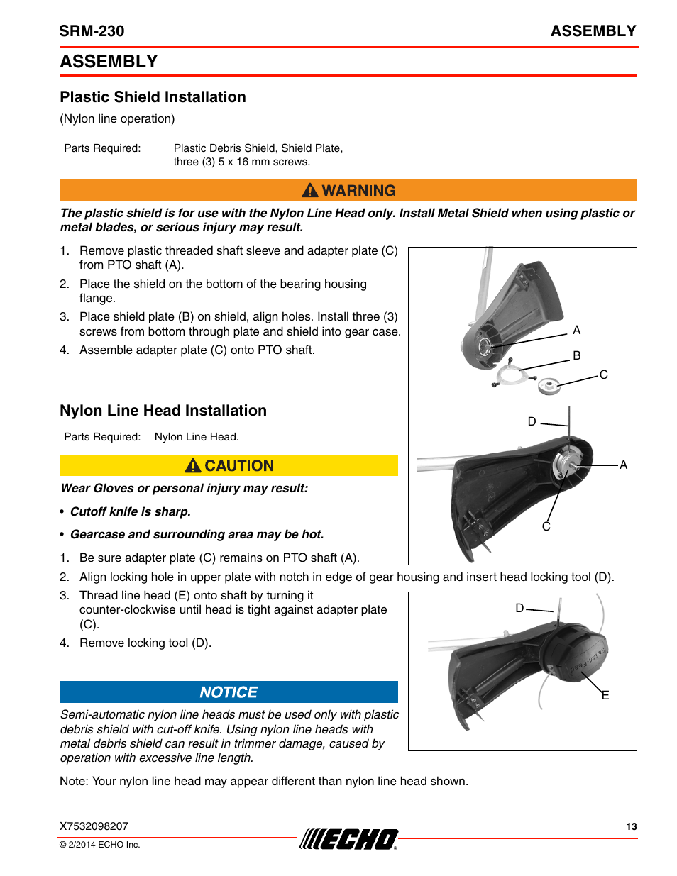 Assembly, Srm-230 assembly, Plastic shield installation | Nylon line head installation | Echo SRM-230 User Manual | Page 13 / 36