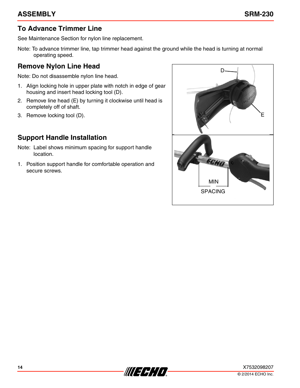 Assembly srm-230 to advance trimmer line, Remove nylon line head, Support handle installation | Echo SRM-230 User Manual | Page 14 / 36