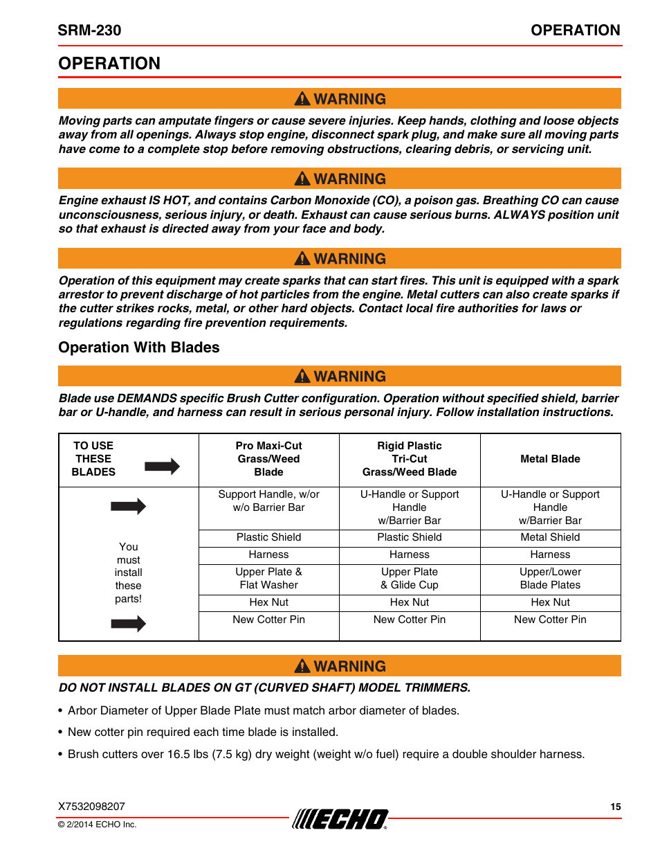 Operation, Operation with blades, Srm-230 operation | Echo SRM-230 User Manual | Page 15 / 36