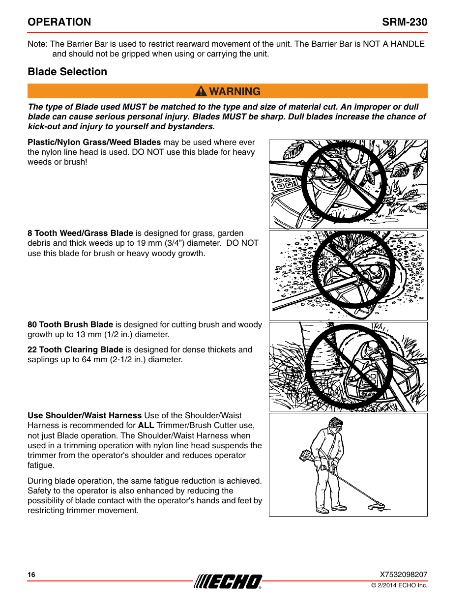 Blade selection, Operation srm-230 | Echo SRM-230 User Manual | Page 16 / 36