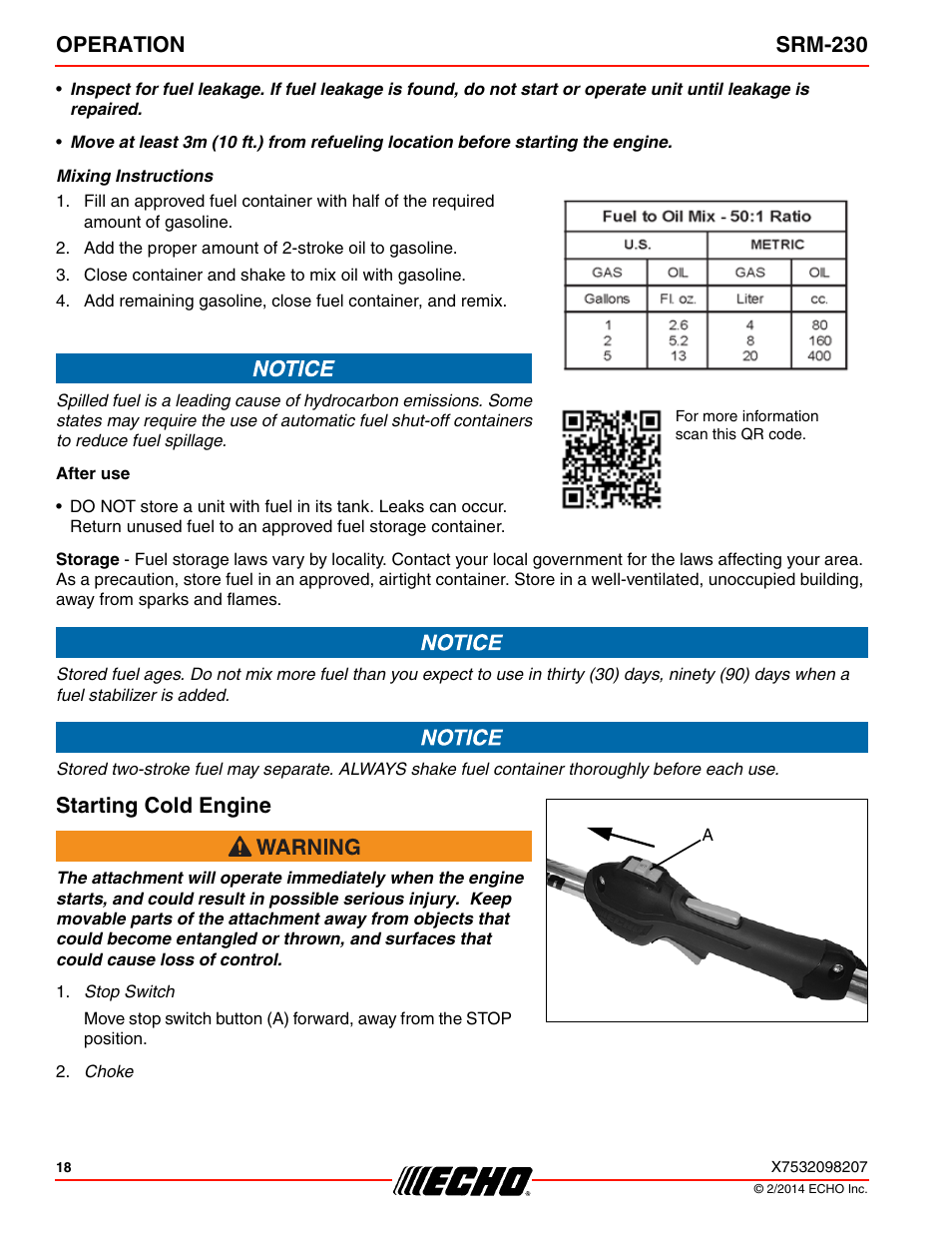 Operation srm-230, Starting cold engine | Echo SRM-230 User Manual | Page 18 / 36