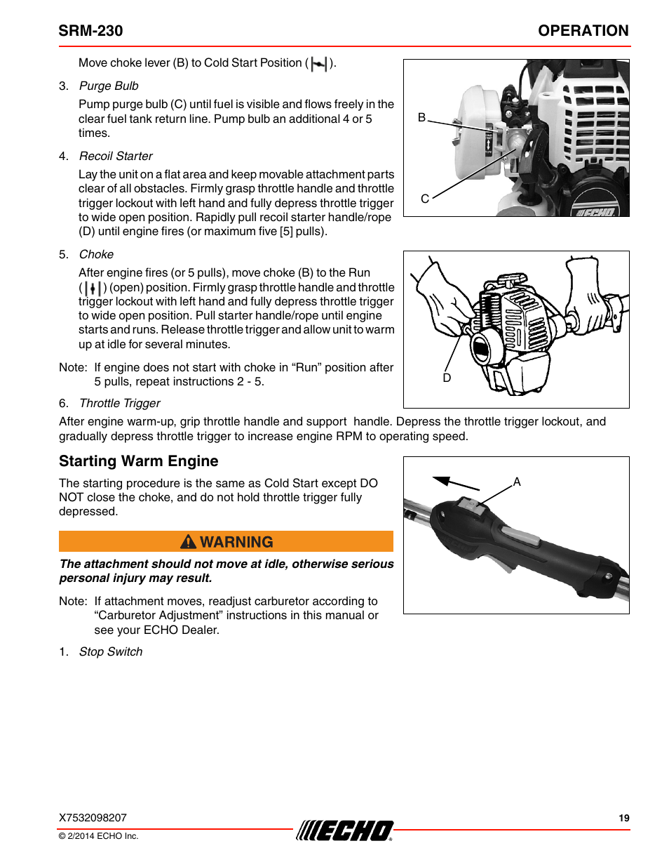 Srm-230 operation, Starting warm engine | Echo SRM-230 User Manual | Page 19 / 36