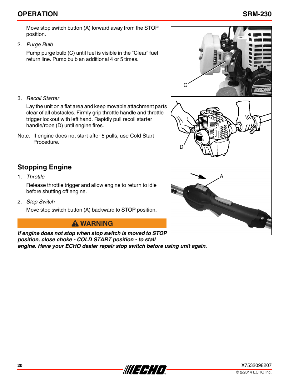 Operation srm-230, Stopping engine | Echo SRM-230 User Manual | Page 20 / 36