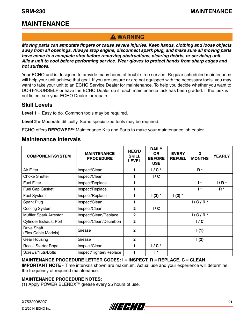 Maintenance, Skill levels maintenance intervals, Srm-230 maintenance | Skill levels, Maintenance intervals | Echo SRM-230 User Manual | Page 21 / 36