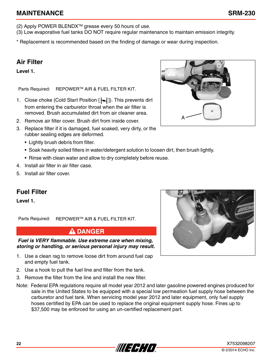 Maintenance srm-230, Air filter, Fuel filter | Echo SRM-230 User Manual | Page 22 / 36