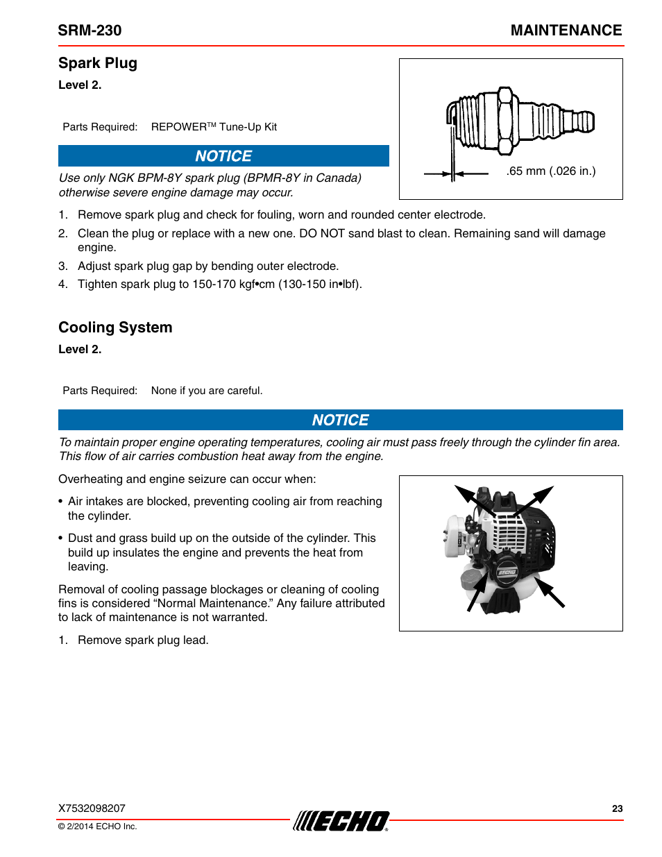 Srm-230 maintenance, Spark plug, Cooling system | Echo SRM-230 User Manual | Page 23 / 36