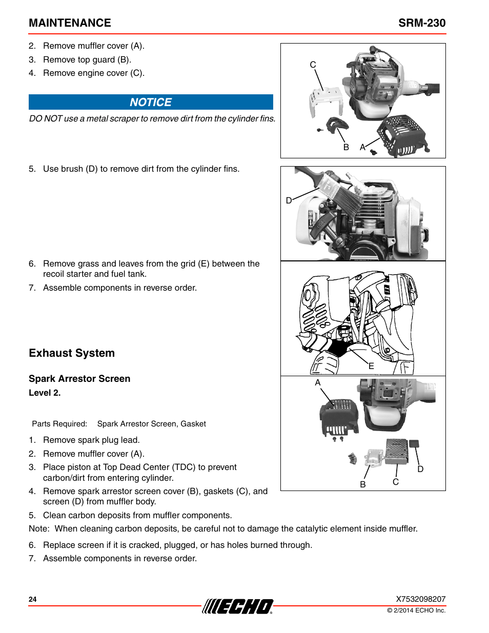 Maintenance srm-230, Exhaust system | Echo SRM-230 User Manual | Page 24 / 36