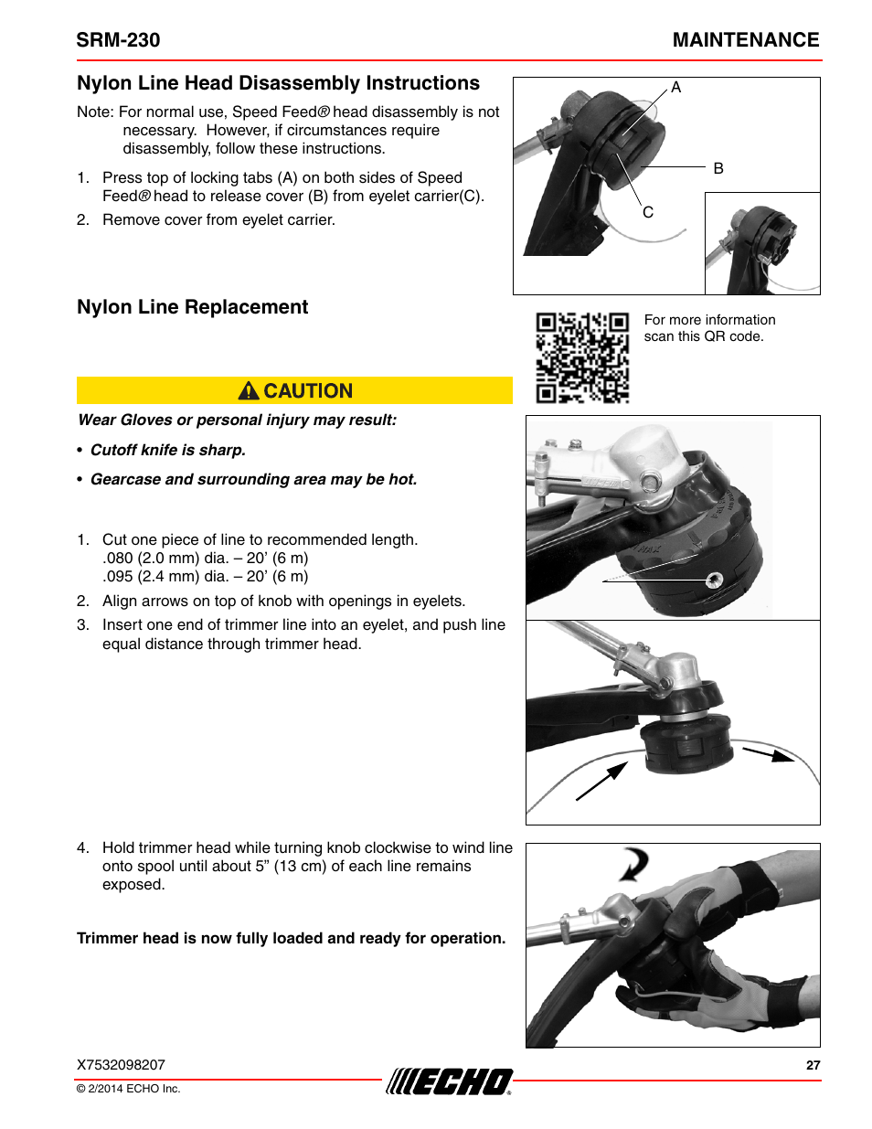 Srm-230 maintenance, Nylon line head disassembly instructions, Nylon line replacement | Echo SRM-230 User Manual | Page 27 / 36