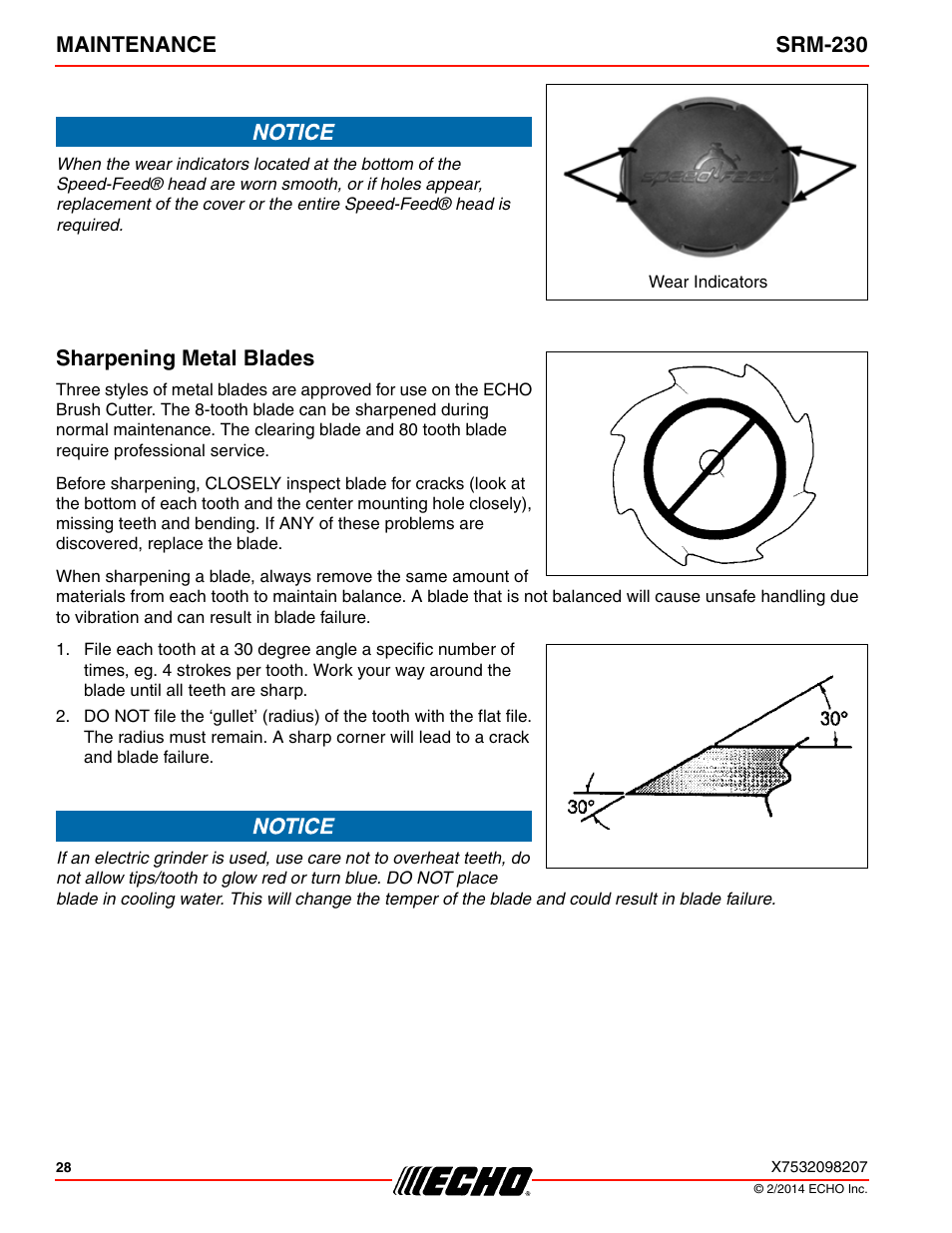 Sharpening metal blades, Maintenance srm-230 | Echo SRM-230 User Manual | Page 28 / 36