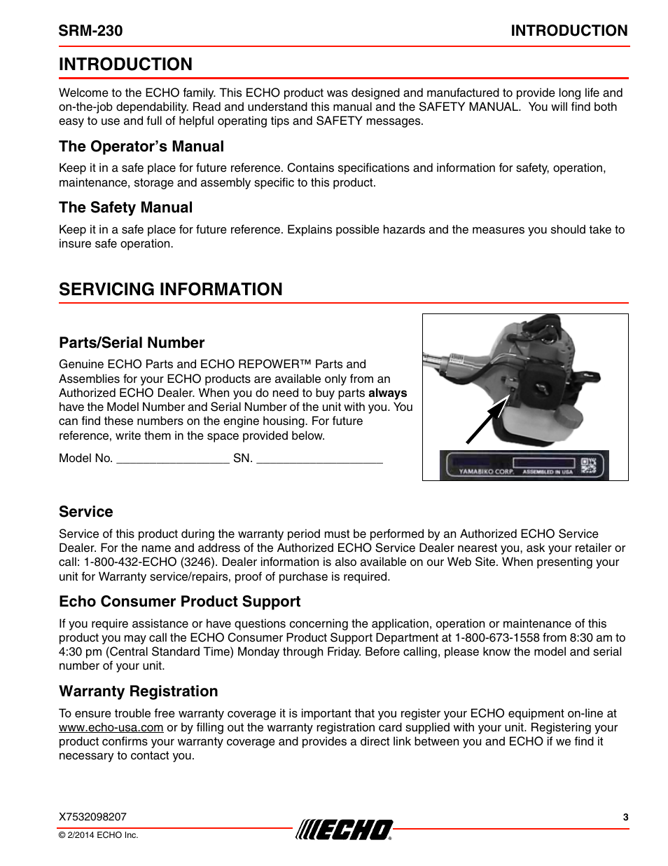 Introduction, The operator’s manual the safety manual, Servicing information | Echo SRM-230 User Manual | Page 3 / 36
