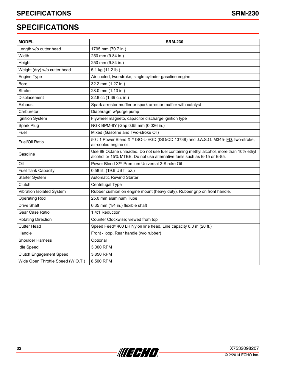 Specifications, Specifications srm-230 | Echo SRM-230 User Manual | Page 32 / 36