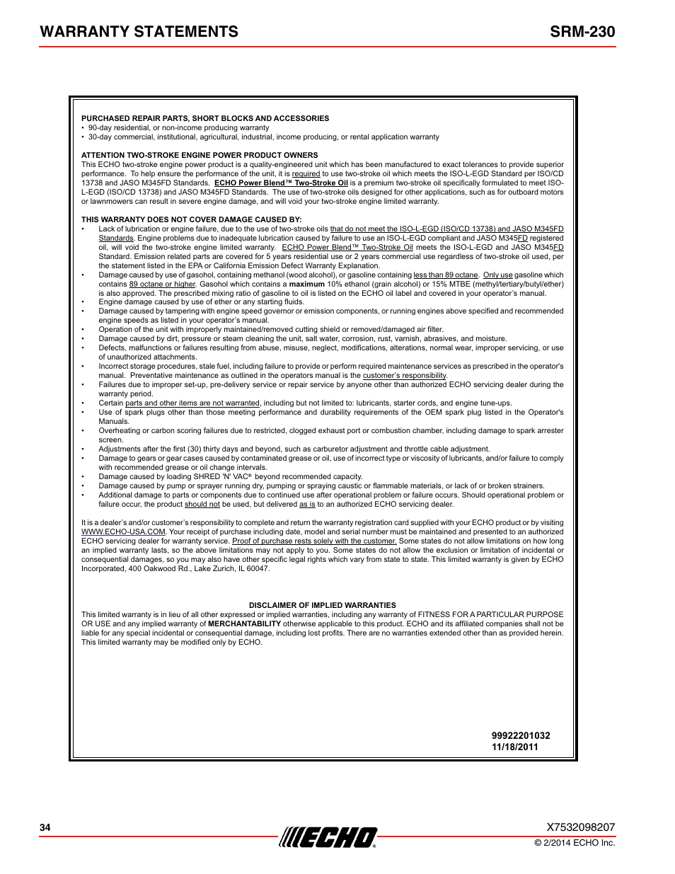 Warranty statements srm-230 | Echo SRM-230 User Manual | Page 34 / 36