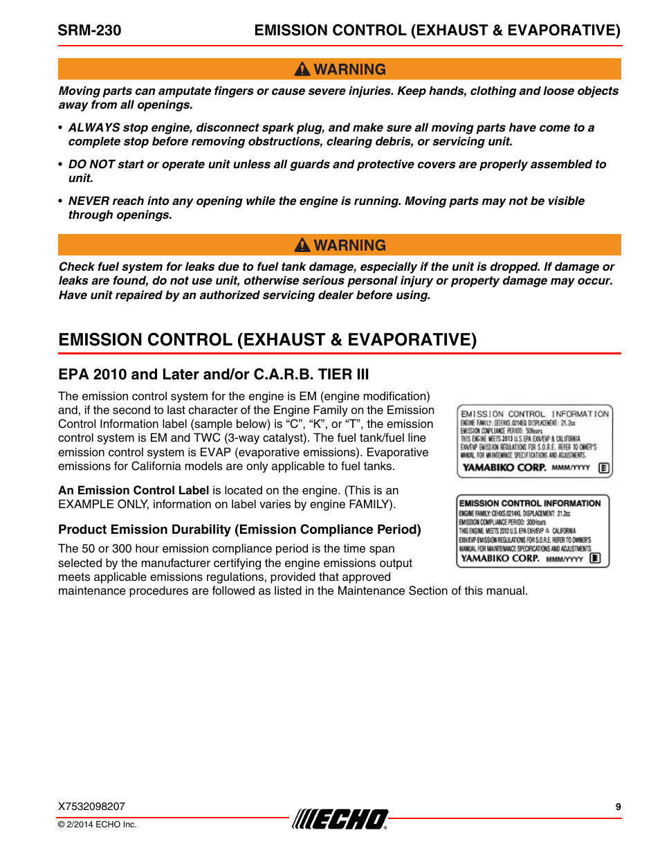 Emission control (exhaust & evaporative), Epa 2010 and later and/or c.a.r.b. tier iii, Srm-230 emission control (exhaust & evaporative) | Echo SRM-230 User Manual | Page 9 / 36