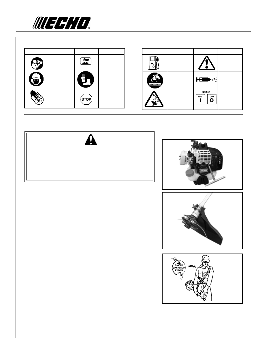 Warning danger, International, Symbols | Equipment | Echo GT-230 User Manual | Page 4 / 28