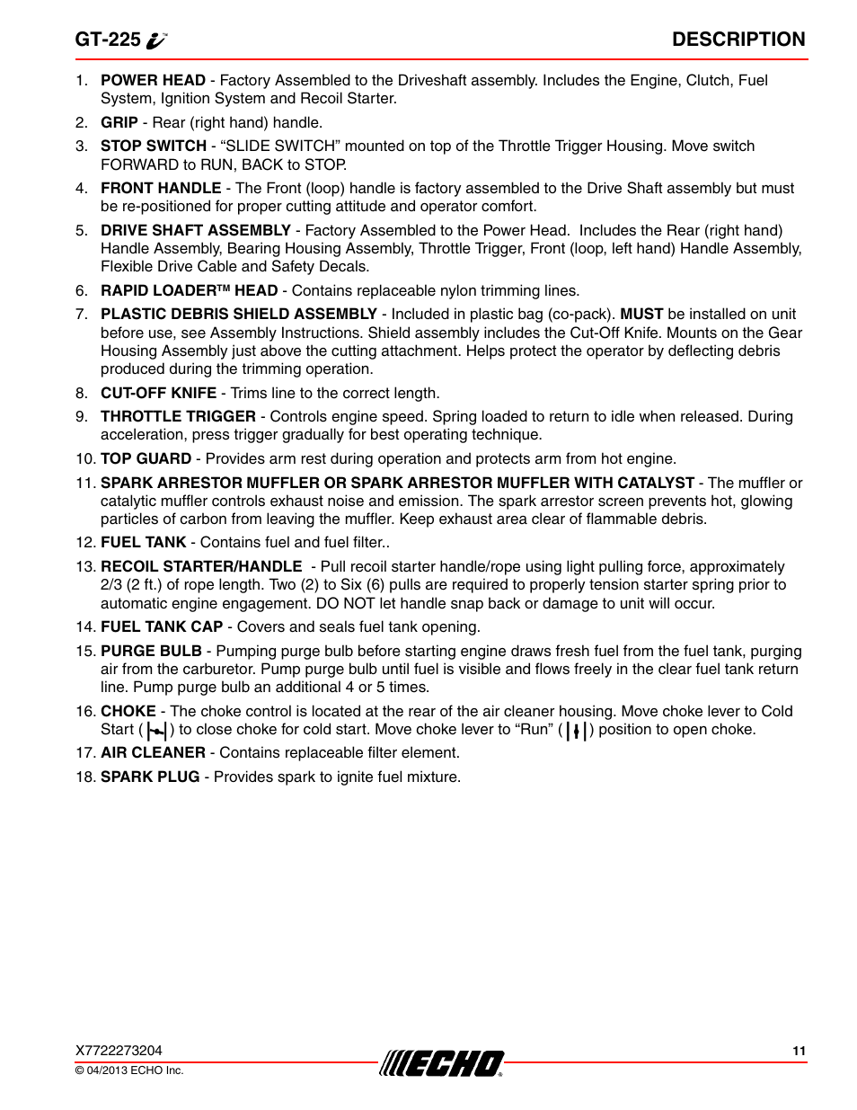 Gt-225 description | Echo GT-225i User Manual | Page 11 / 32
