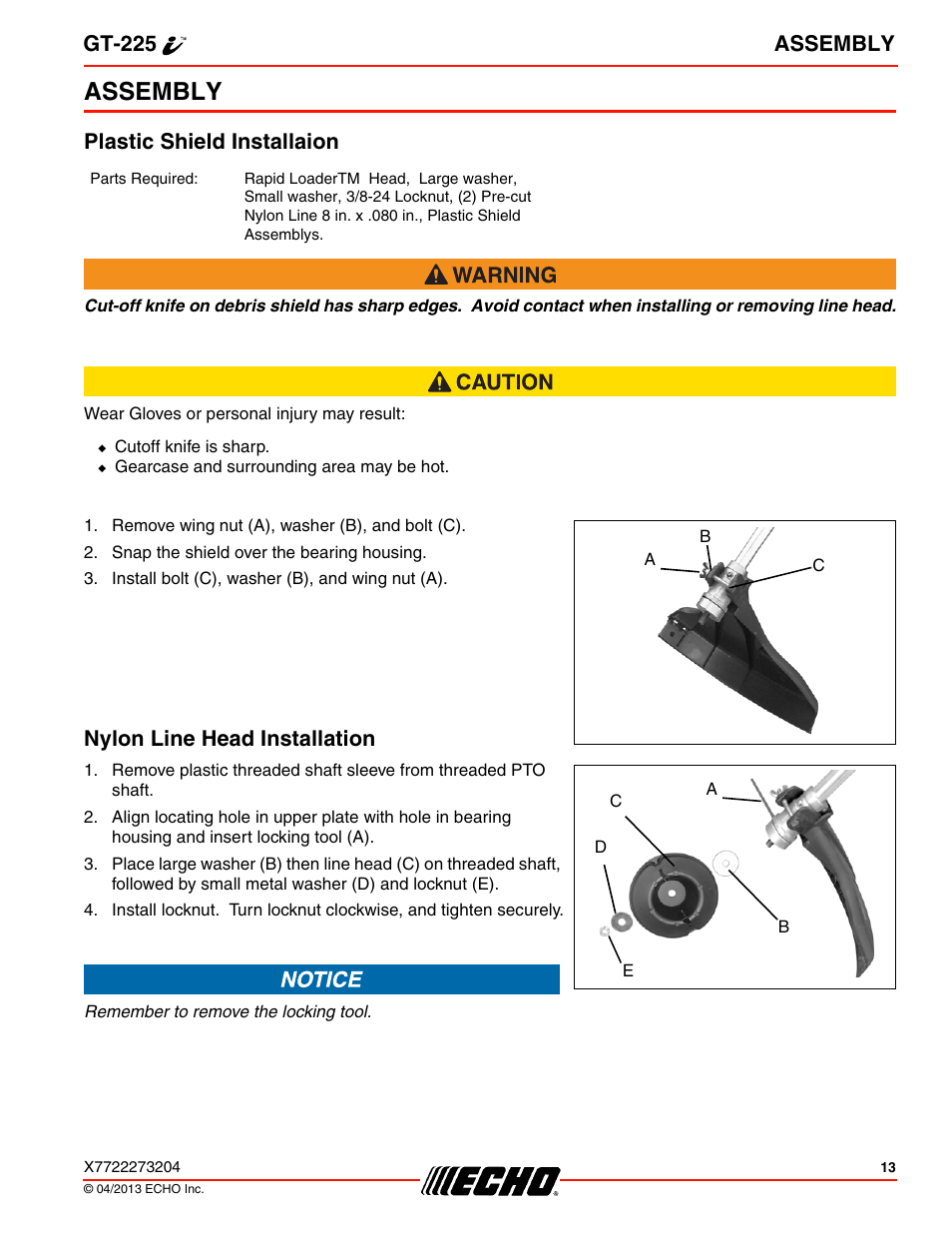 Assembly, Plastic shield installaion, Nylon line head installation | Gt-225 assembly | Echo GT-225i User Manual | Page 13 / 32