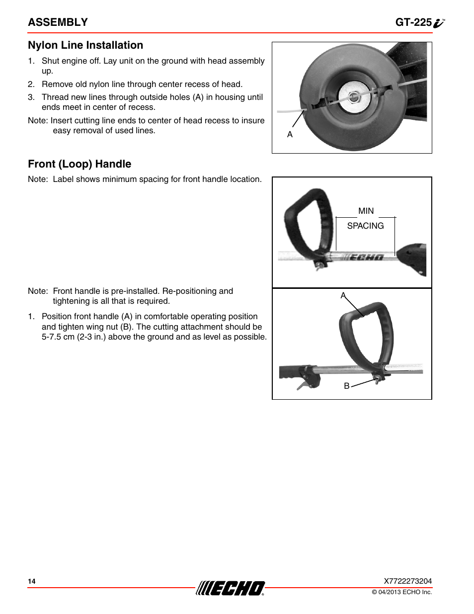 Nylon line installation, Front (loop) handle, Nylon line installation front (loop) handle | Assembly gt-225 nylon line installation | Echo GT-225i User Manual | Page 14 / 32