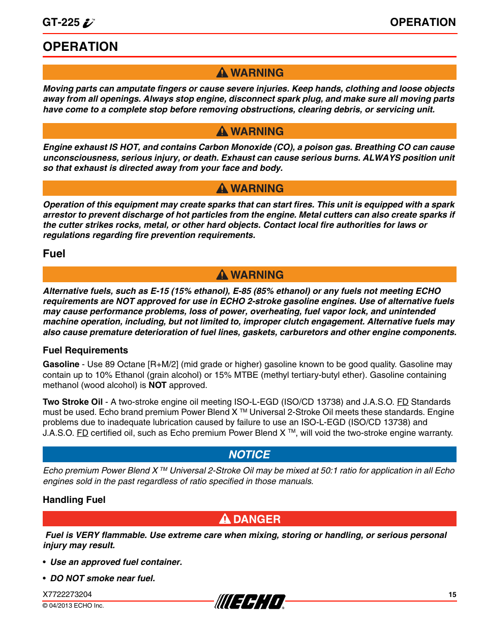 Operation, Fuel, Fuel requirements | Handling fuel, Gt-225 operation | Echo GT-225i User Manual | Page 15 / 32