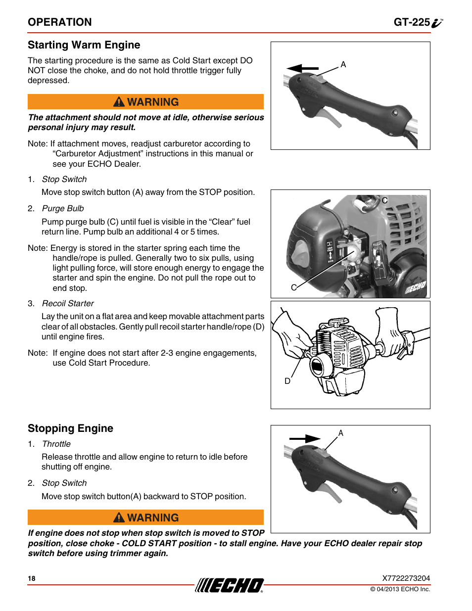 Starting warm engine, Stopping engine, Starting warm engine stopping engine | Operation gt-225 starting warm engine | Echo GT-225i User Manual | Page 18 / 32