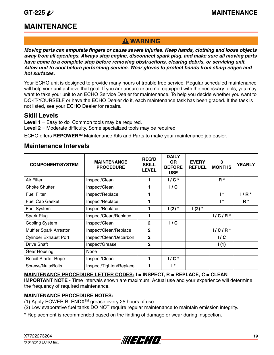 Maintenance, Skill levels, Maintenance intervals | Skill levels maintenance intervals, Gt-225 maintenance | Echo GT-225i User Manual | Page 19 / 32