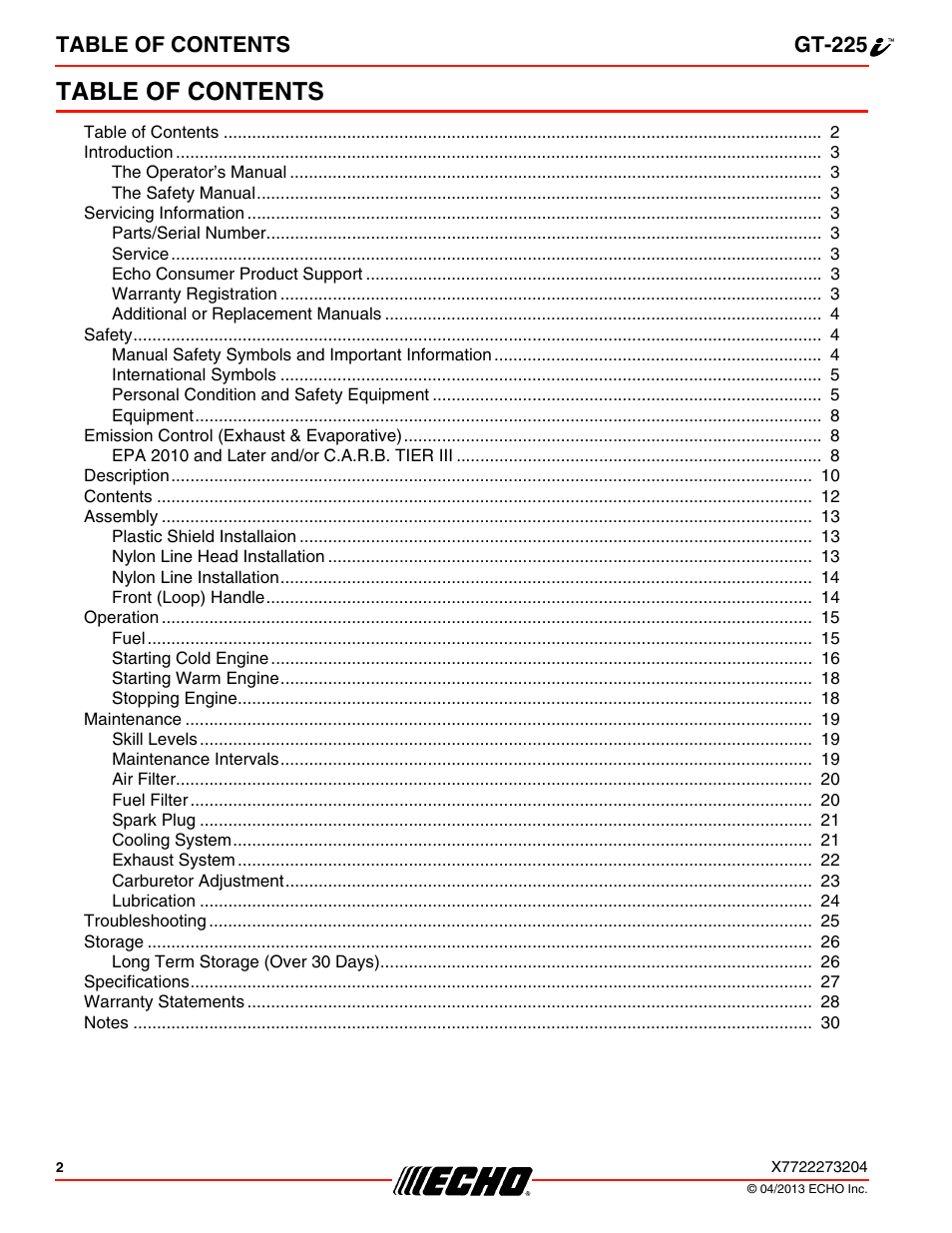 Echo GT-225i User Manual | Page 2 / 32