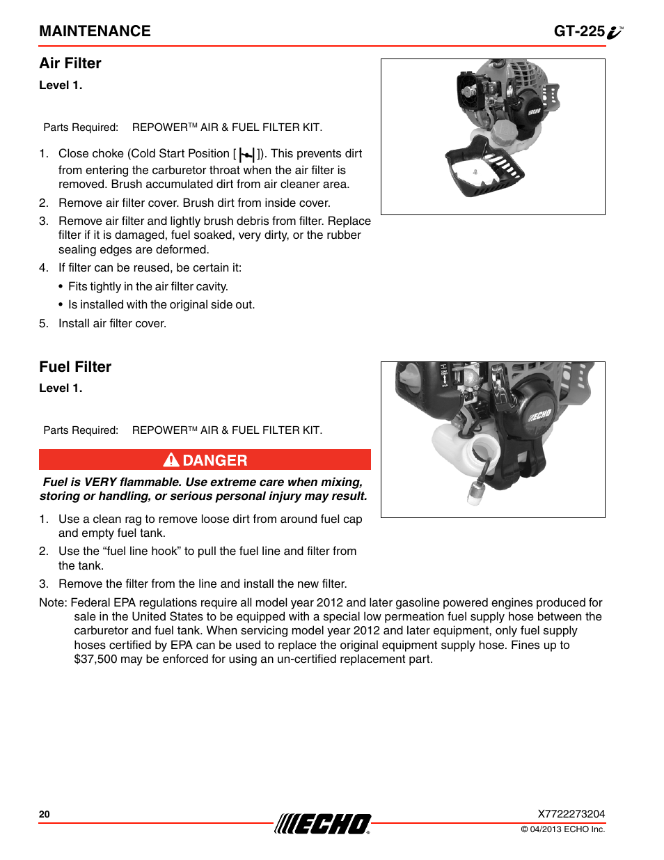 Air filter, Fuel filter, Air filter fuel filter | Maintenance gt-225 air filter | Echo GT-225i User Manual | Page 20 / 32