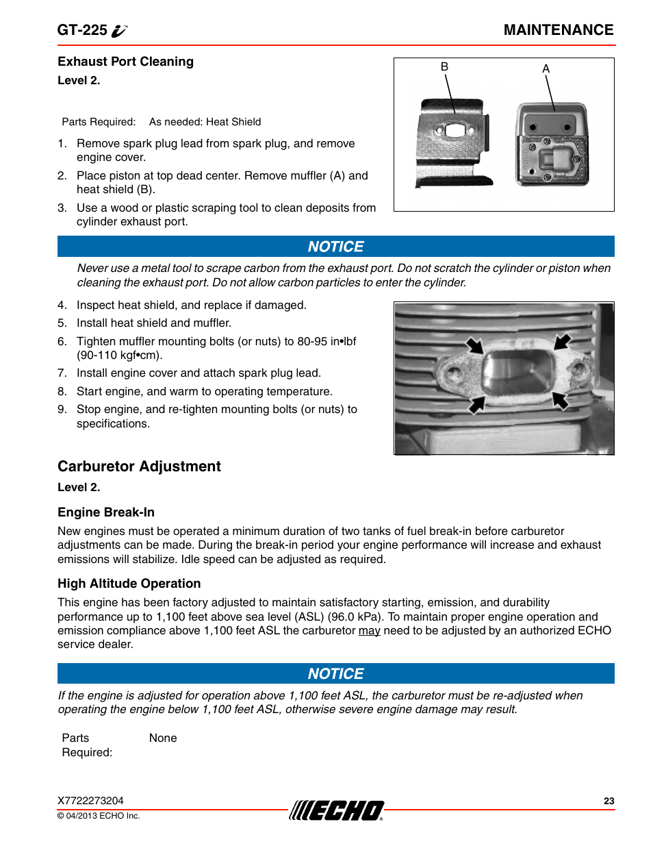 Exhaust port cleaning, Carburetor adjustment, Engine break-in | High altitude operation, Gt-225 maintenance | Echo GT-225i User Manual | Page 23 / 32