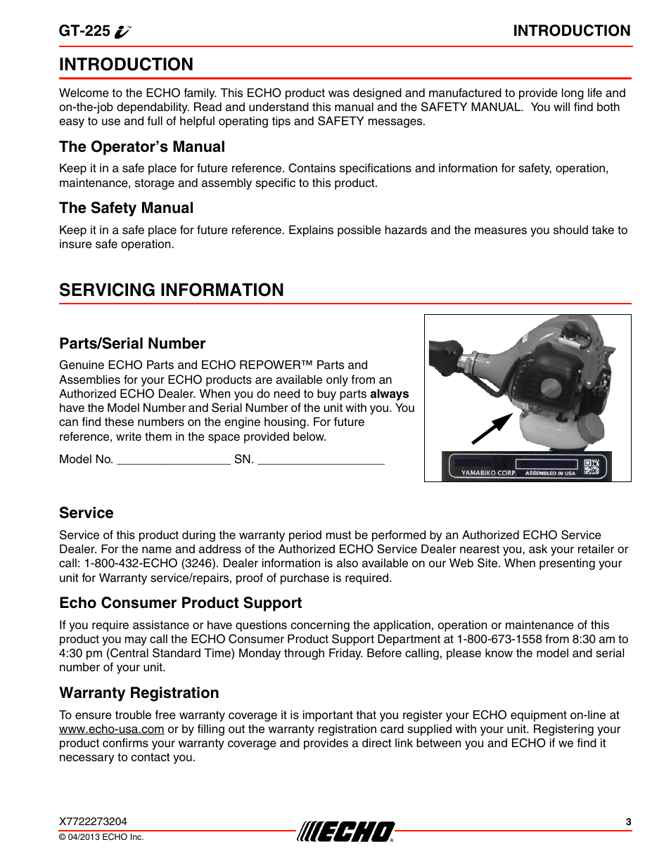 Introduction, The operator’s manual, The safety manual | Servicing information, Parts/serial number, Service, Echo consumer product support, Warranty registration, The operator’s manual the safety manual | Echo GT-225i User Manual | Page 3 / 32