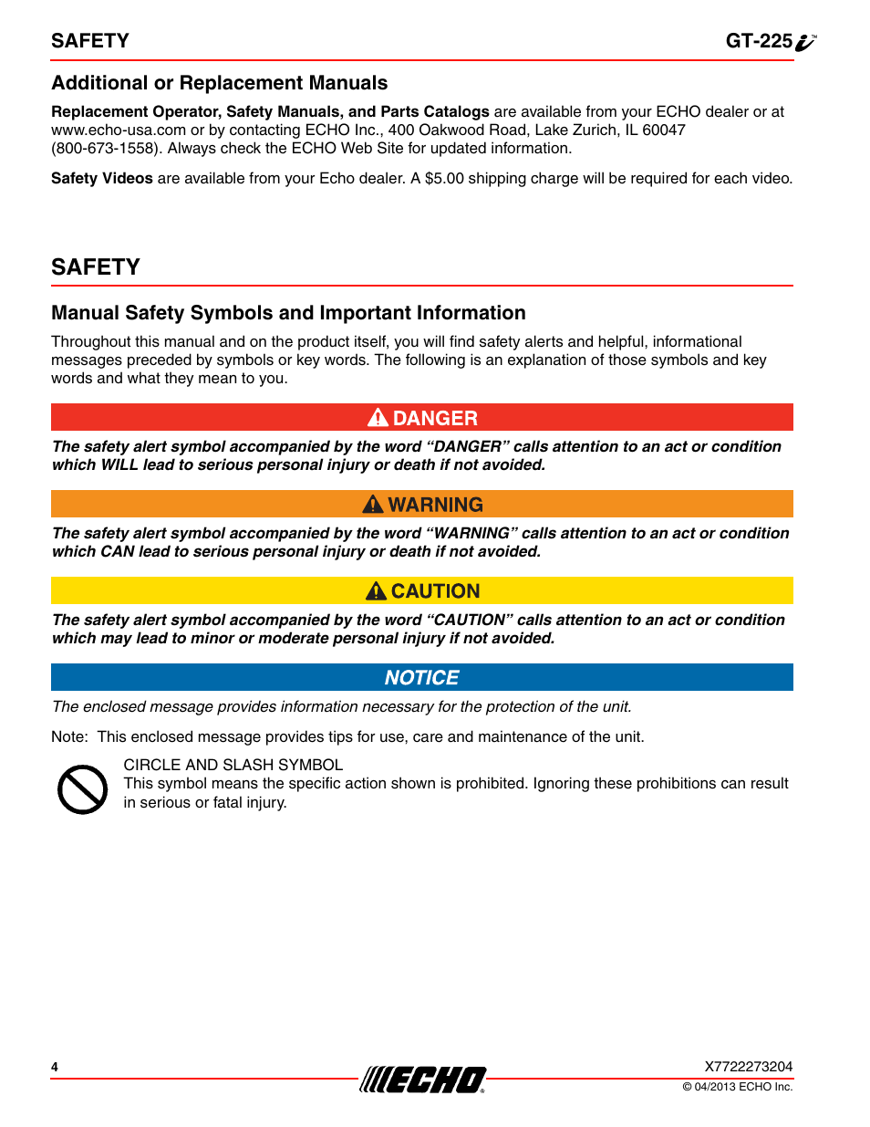 Additional or replacement manuals, Safety, Manual safety symbols and important information | Echo GT-225i User Manual | Page 4 / 32