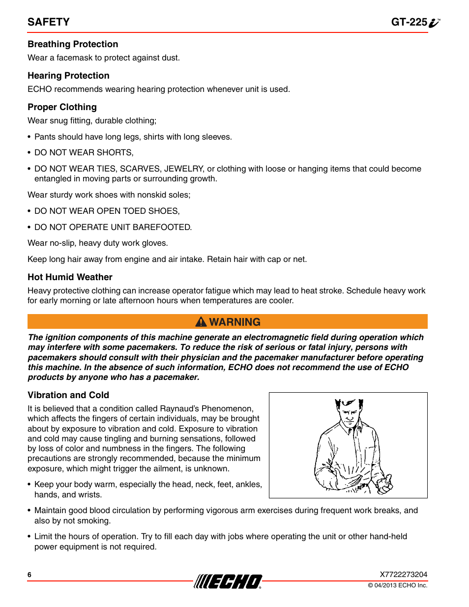 Breathing protection, Hearing protection, Proper clothing | Hot humid weather, Vibration and cold, Safety gt-225 | Echo GT-225i User Manual | Page 6 / 32