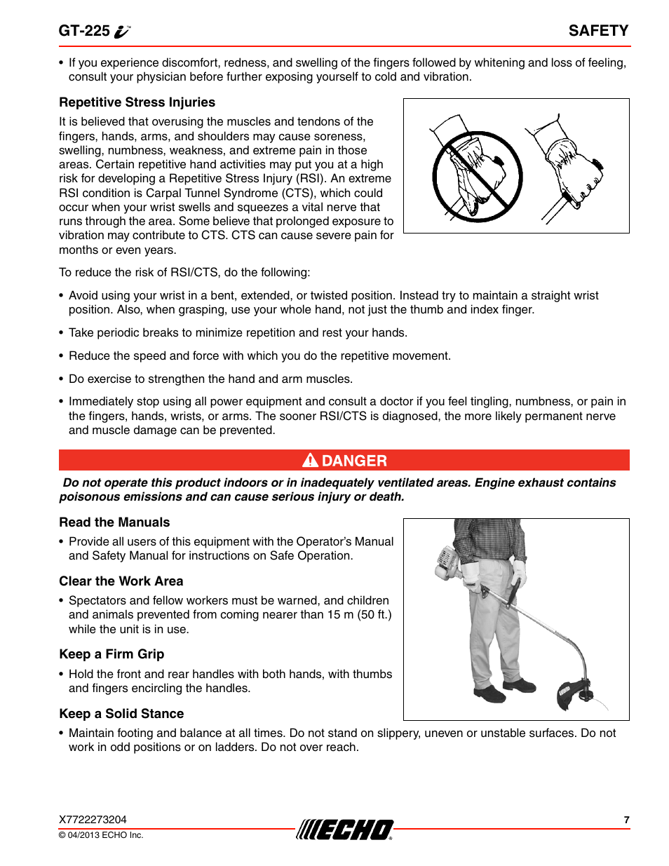 Repetitive stress injuries, Read the manuals, Clear the work area | Keep a firm grip, Keep a solid stance, Gt-225 safety | Echo GT-225i User Manual | Page 7 / 32