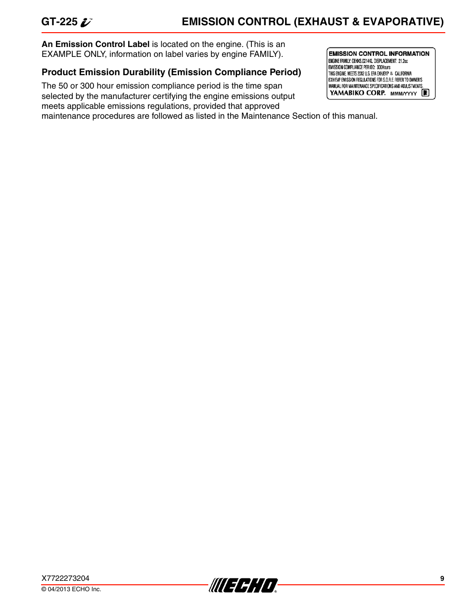 Gt-225 emission control (exhaust & evaporative) | Echo GT-225i User Manual | Page 9 / 32