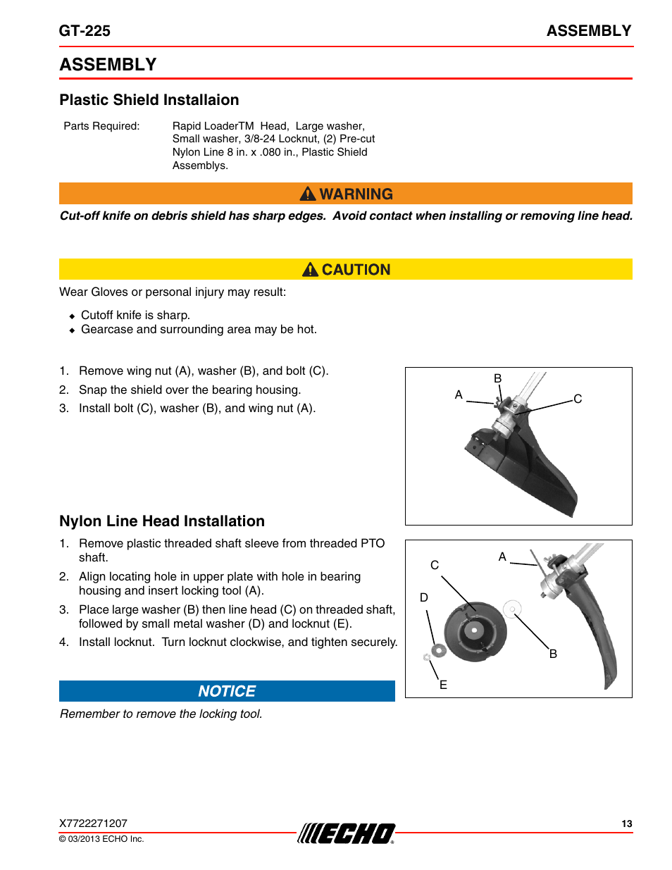 Assembly, Gt-225 assembly, Plastic shield installaion | Nylon line head installation | Echo GT-225 User Manual | Page 13 / 32