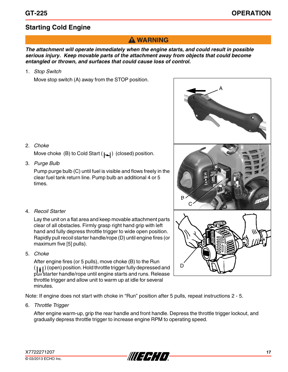 Gt-225 operation, Starting cold engine | Echo GT-225 User Manual | Page 17 / 32