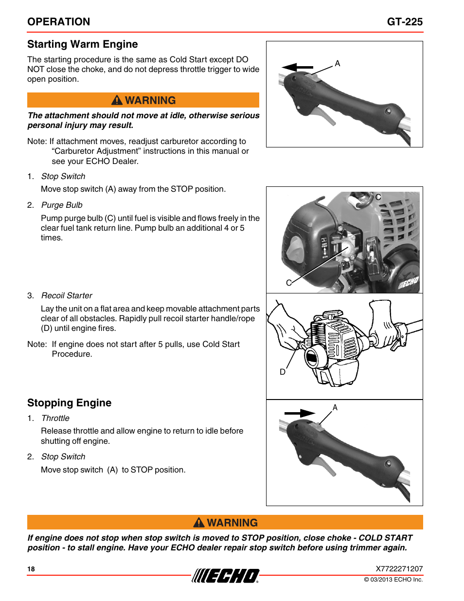 Operation gt-225 starting warm engine, Stopping engine | Echo GT-225 User Manual | Page 18 / 32