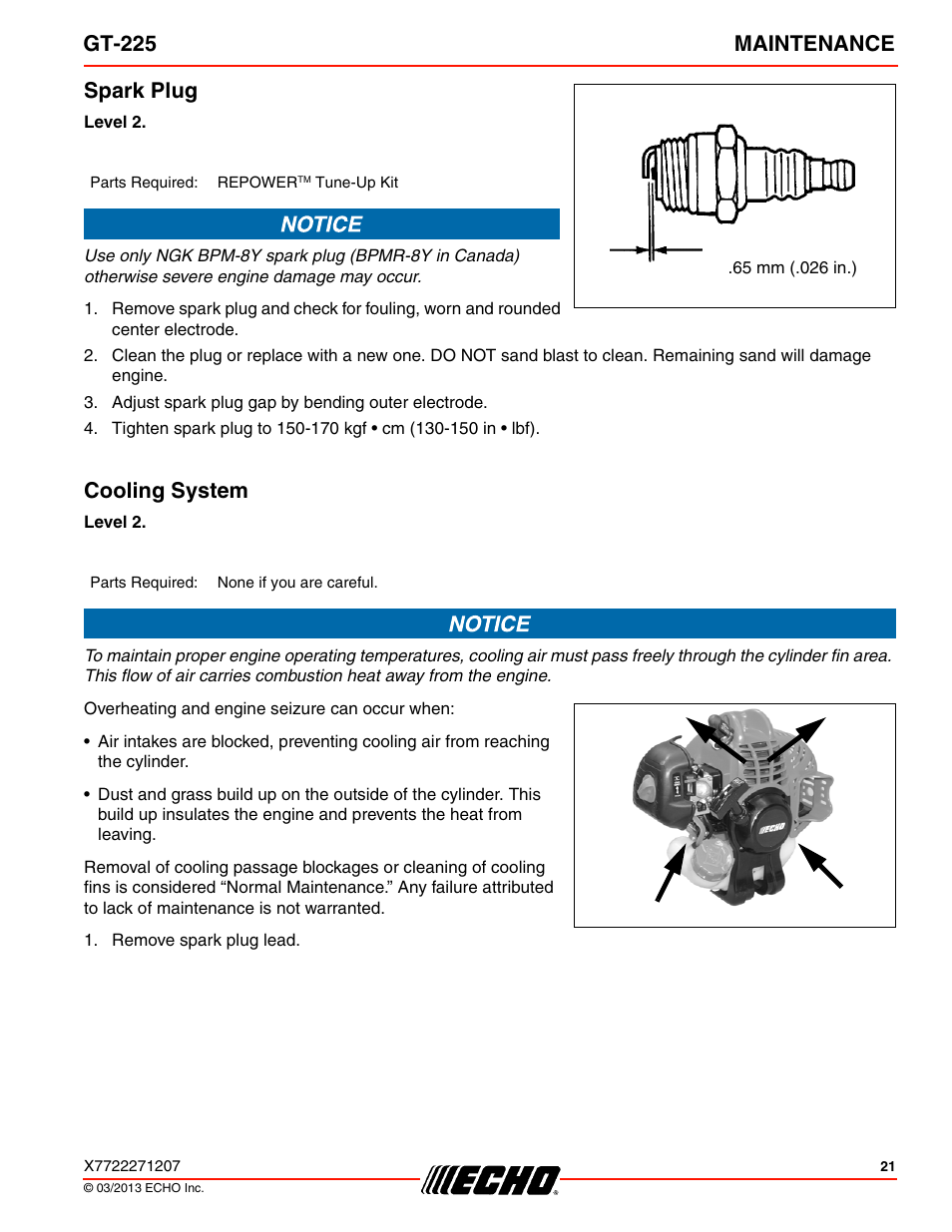 Gt-225 maintenance, Spark plug, Cooling system | Echo GT-225 User Manual | Page 21 / 32