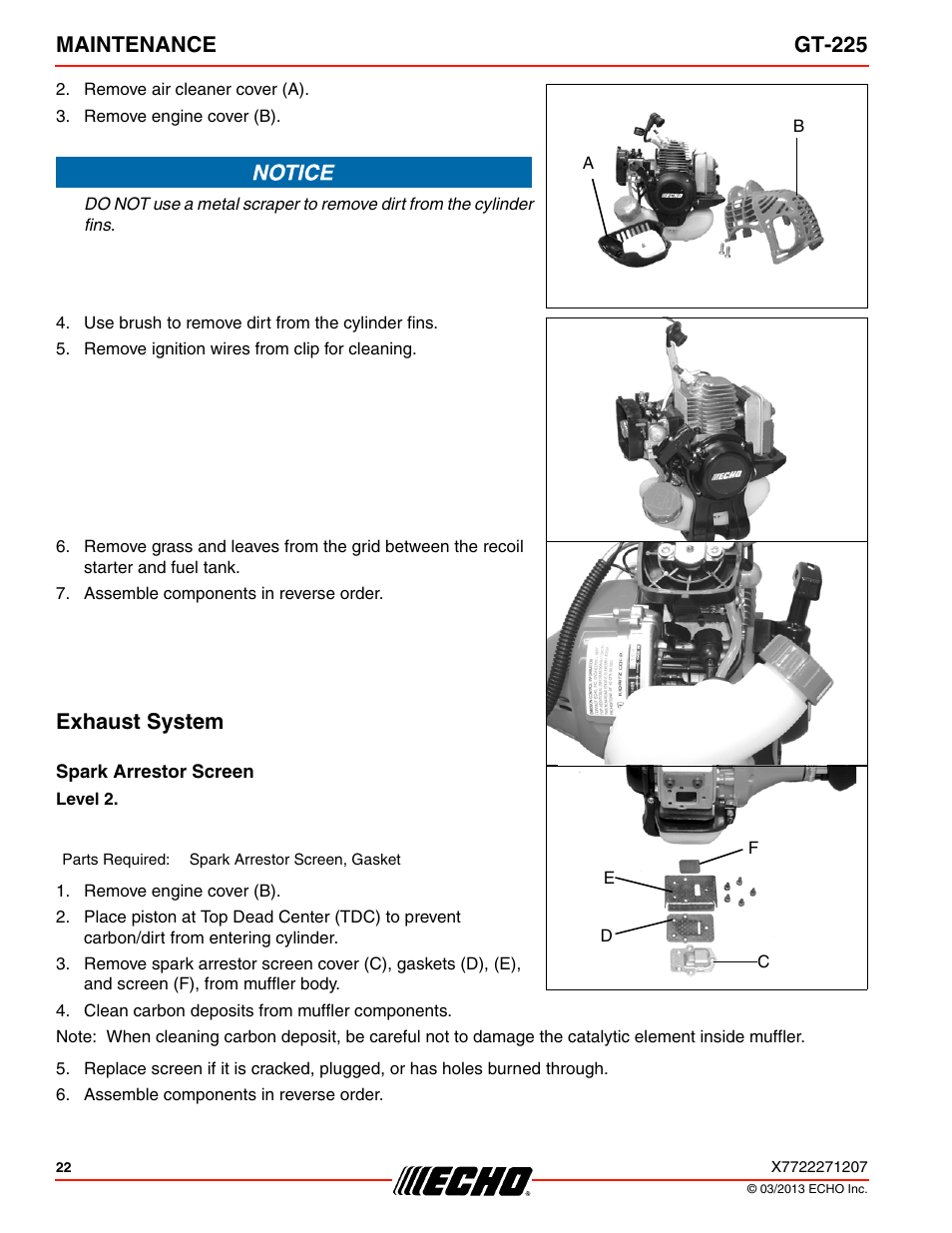 Maintenance gt-225, Exhaust system | Echo GT-225 User Manual | Page 22 / 32