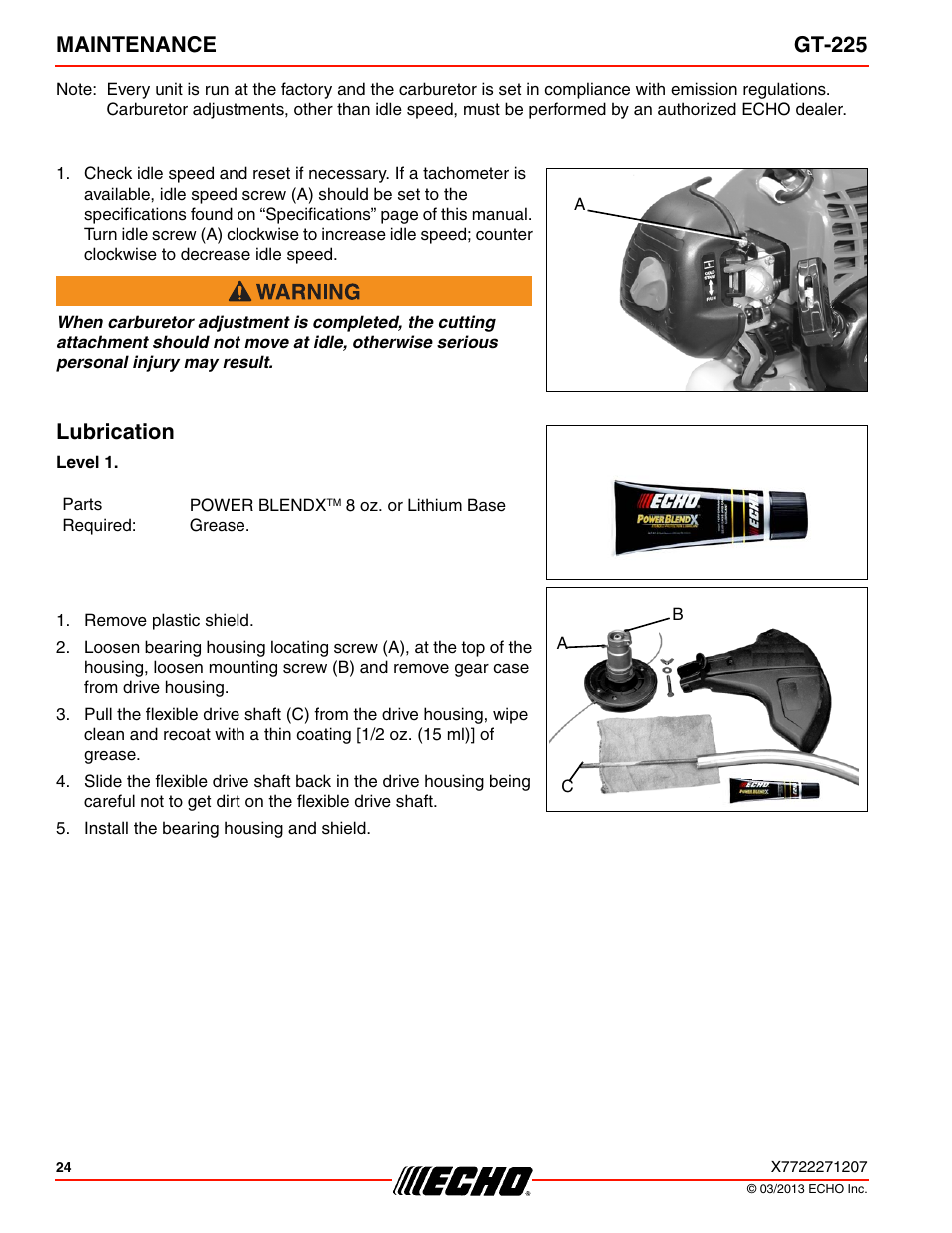 Maintenance gt-225, Lubrication | Echo GT-225 User Manual | Page 24 / 32